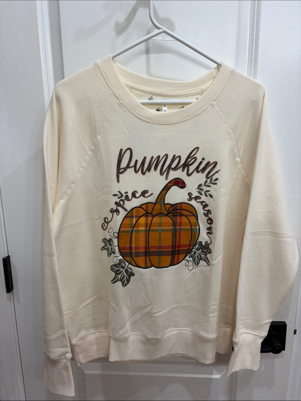 Maurices Cream Sweatshirt with Plaid Orange Pumpkin Graphic